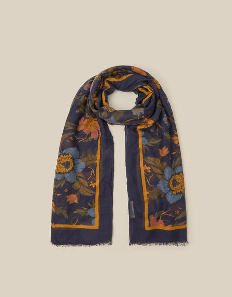 Princella Floral Print Scarf, Blue (NAVY), large