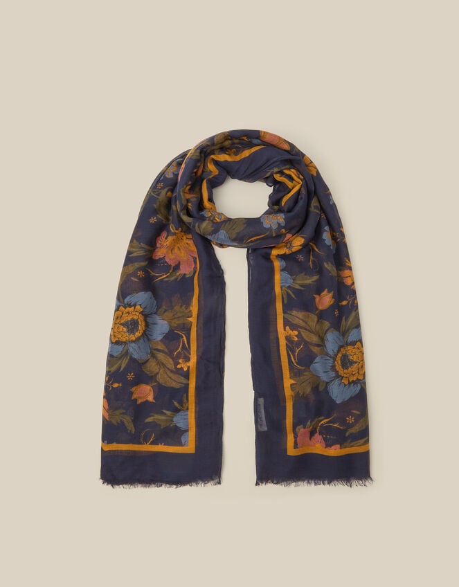 Princella Floral Print Scarf, Blue (NAVY), large
