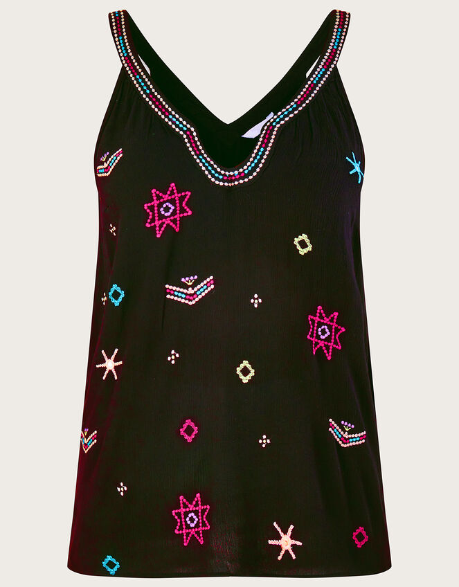 Embroidered Motif Cami Top in LENZING™ ECOVERO™, Black (BLACK), large