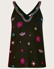 Embroidered Motif Cami Top in LENZING™ ECOVERO™, Black (BLACK), large