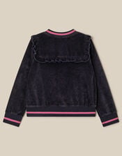 Embroidered Collar Velour Bomber Jacket, Blue (NAVY), large