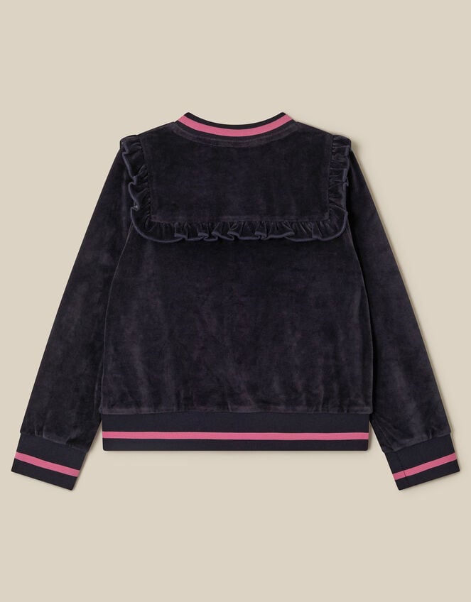 Embroidered Collar Velour Bomber Jacket, Blue (NAVY), large
