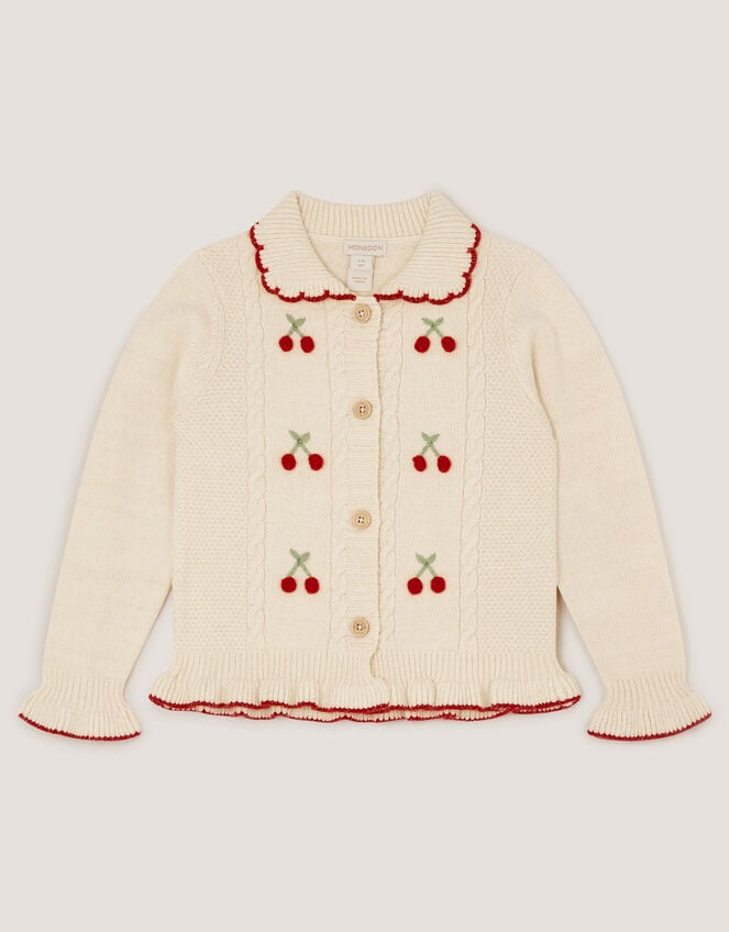 Cherry Embroidered Cable Knit Cardigan, Ivory (IVORY), large