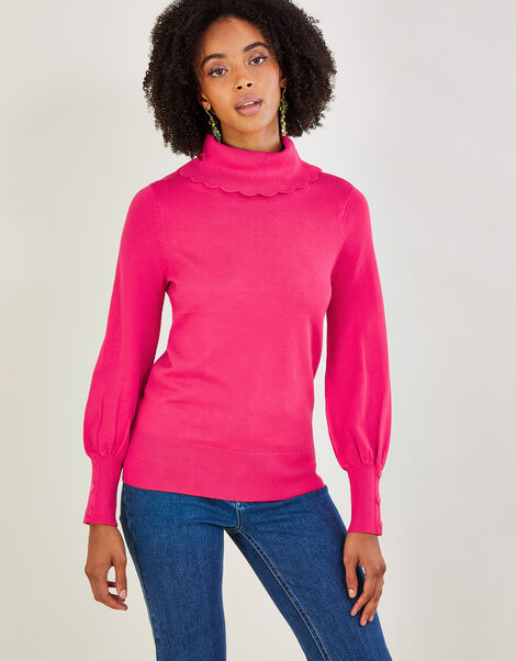 Scallop Polo Neck Jumper with LENZING™ ECOVERO™ , Pink (PINK), large