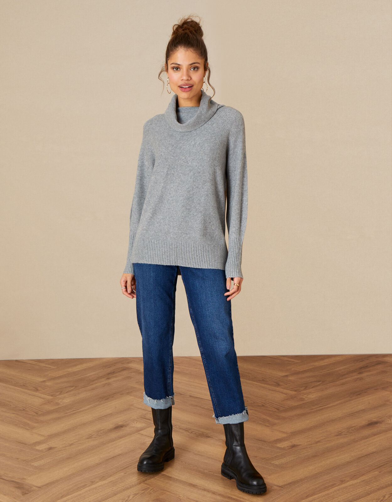 Plain Stitch Split Neck Jumper Grey