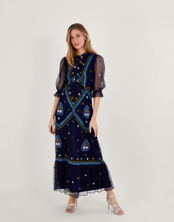 Tracey Embroidered Maxi Dress in Recycled Polyester, Blue (NAVY), large