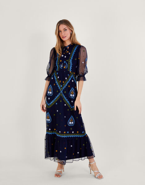 Tracey Embroidered Maxi Dress in Recycled Polyester, Blue (NAVY), large