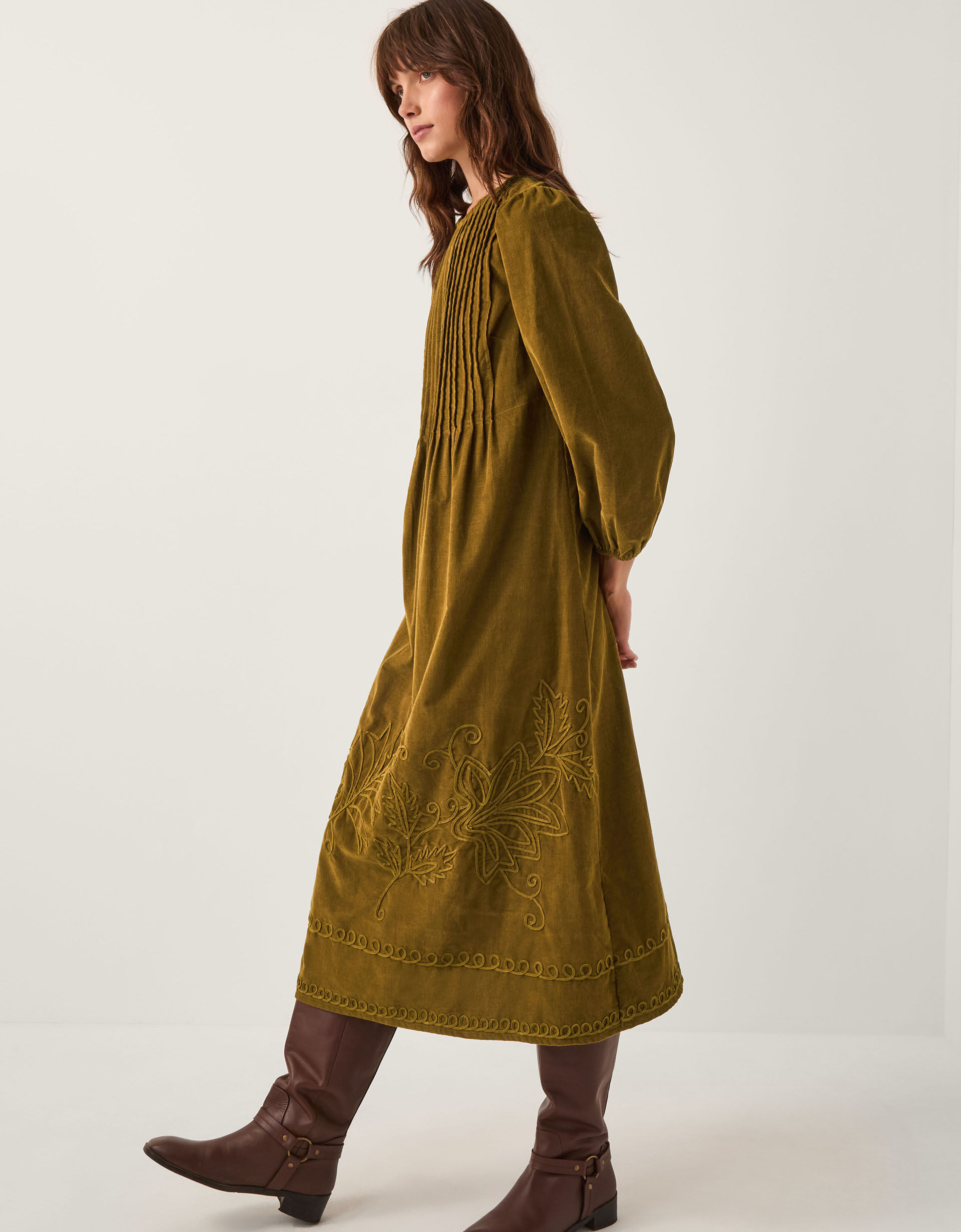 Joyce Pintuck Embroidered Corduroy Midi Dress Green | Day Dresses