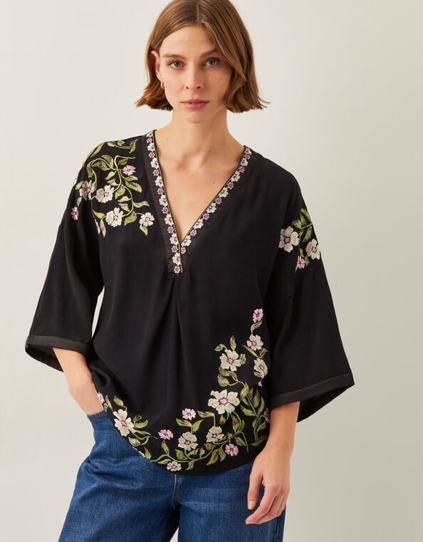 Alison V-Neck Floral Embroidered Top, Black (BLACK), large