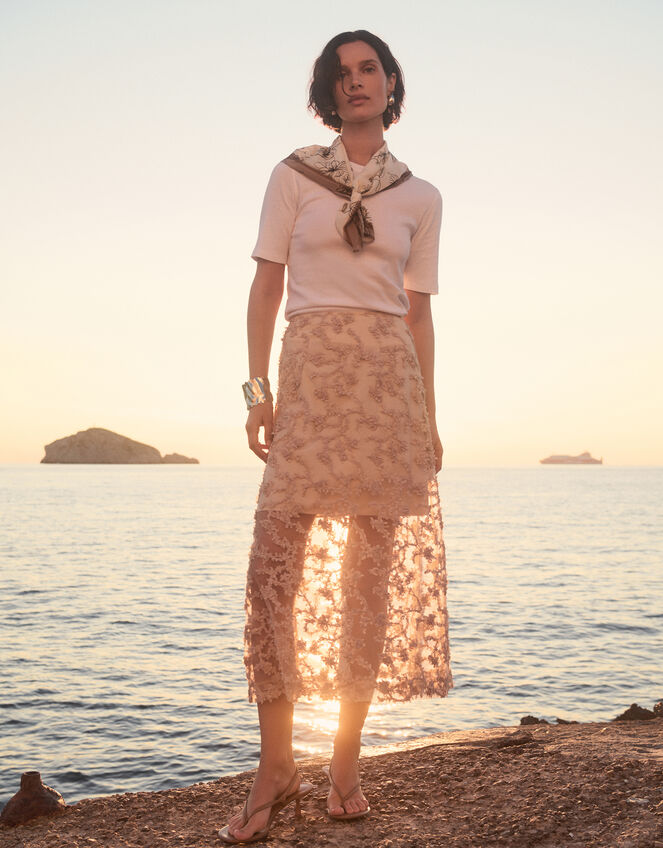 Alanna Sheer Appliqué Midi Skirt, Nude (NUDE), large