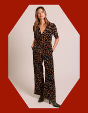 Traffic People Clan Leopard Print Jumpsuit, Black (BLACK), large