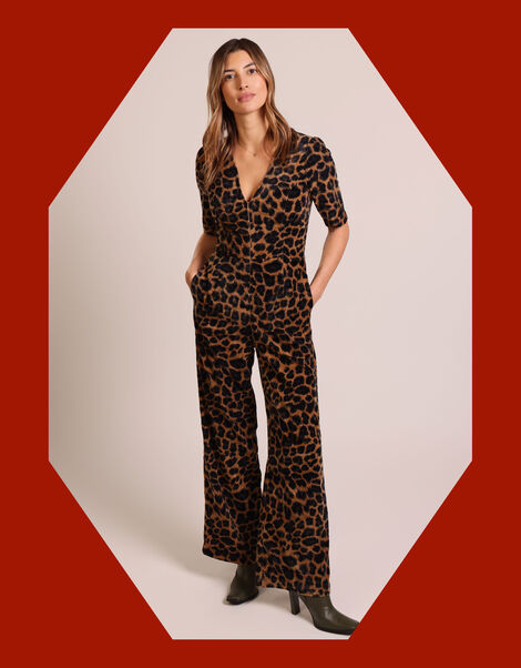 Traffic People Clan Leopard Print Jumpsuit, Black (BLACK), large