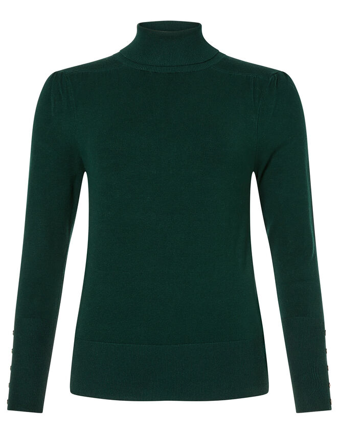 Roll Neck Button Cuffs Knit Jumper, Green (DARK GREEN), large