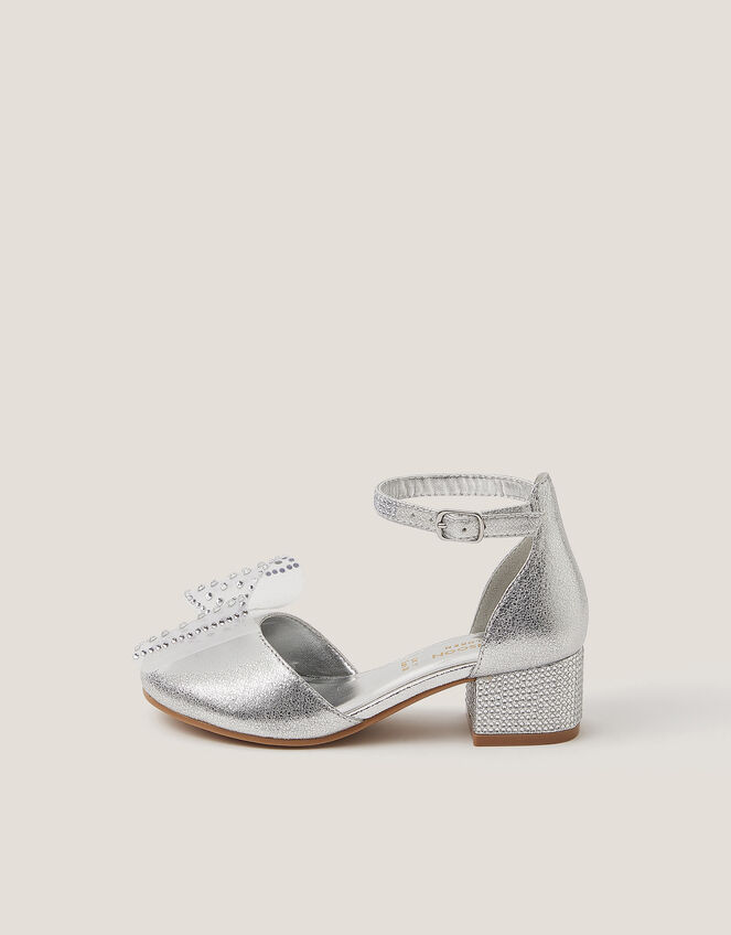 Diamanté Bow Metallic Two-Part Heels, Silver (SILVER), large