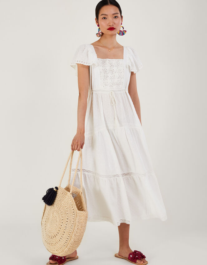 Square Neck Tiered Midi Dress, White (WHITE), large