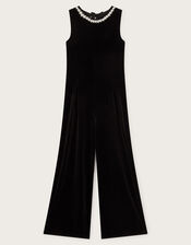 Laurelie Bow Velour Jumpsuit, Black (BLACK), large