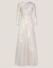 Milena Long Sleeve Floral Embroidered Mesh Wedding Dress, Ivory (IVORY), large