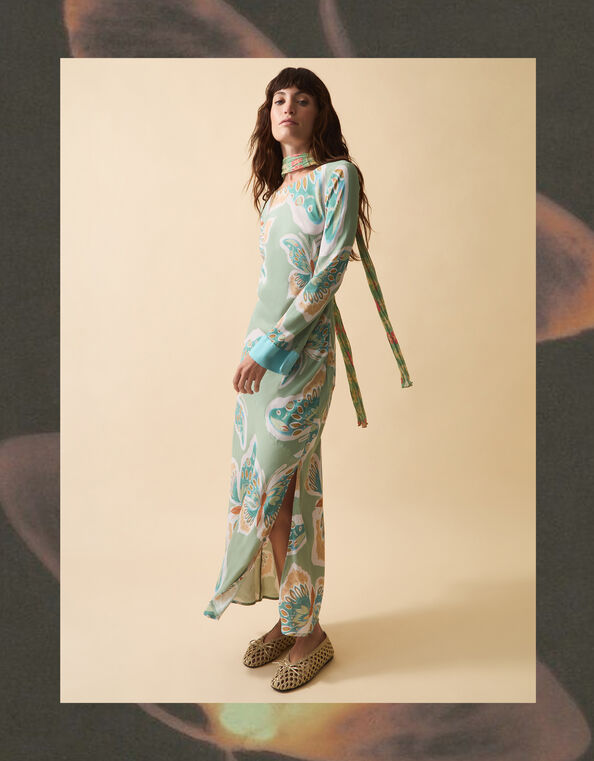 Clemence Aurelie Butterfly Long Sleeve Maxi Dress, Green (SAGE), large