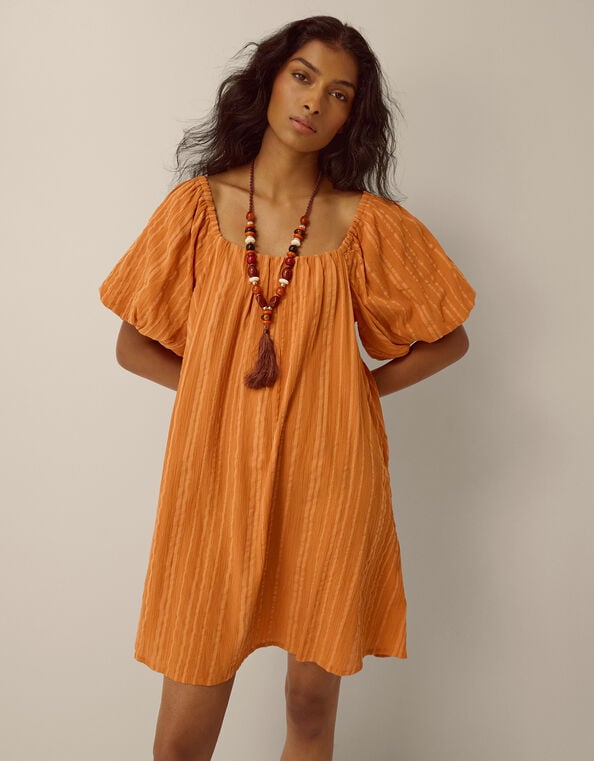 Yara Puff Sleeve Stripe Mini Dress, Tan (TAN), large