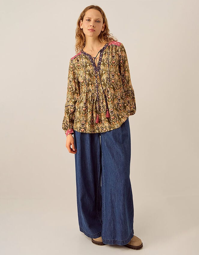 East Kiku Ikat Printed Top, Green (GREEN), large