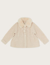 Baby Cable Knit Cardigan with Faux Fur Collar, Camel (OATMEAL), large