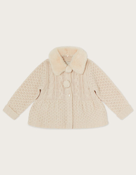 Baby Cable Knit Cardigan with Removable Fur Collar Camel, Camel (OATMEAL), large