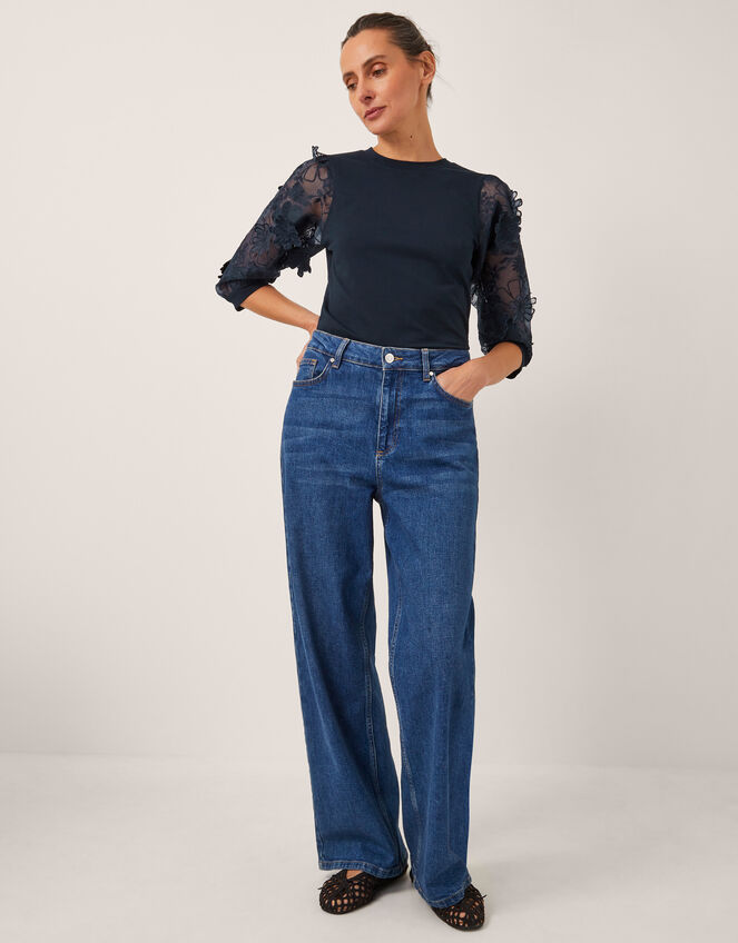 Fi Sheer Floral Appliqué Top, Blue (NAVY), large