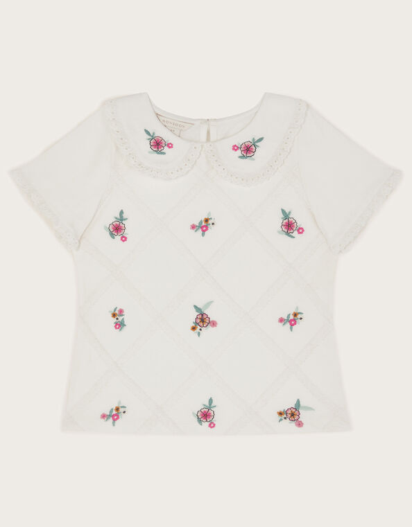 Floral Embroidered Collar T-Shirt, Ivory (IVORY), large