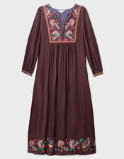 East Eliana Embroidered Long Sleeve Midi Dress, Brown (BROWN), large