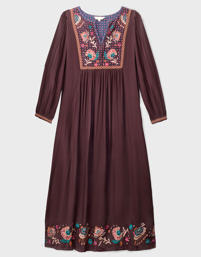 East Eliana Embroidered Long Sleeve Midi Dress, Brown (BROWN), large