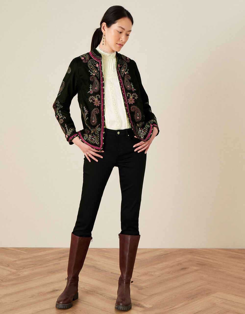 Velvet Embroidered Paisley Jacket Green Women's Jackets Monsoon Global.
