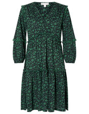 Floral Tiered Short Dress with Organic Cotton, Black (BLACK), large