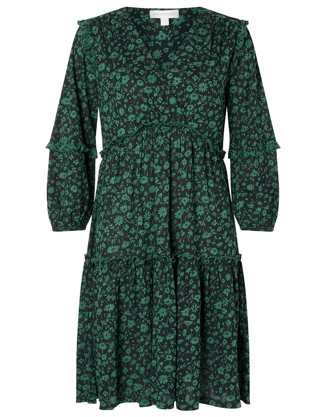 Floral Tiered Short Dress with Organic Cotton, Black (BLACK), large