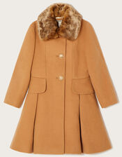 Bustle Back Bow Coat with Faux Fur Collar, Camel (CAMEL), large