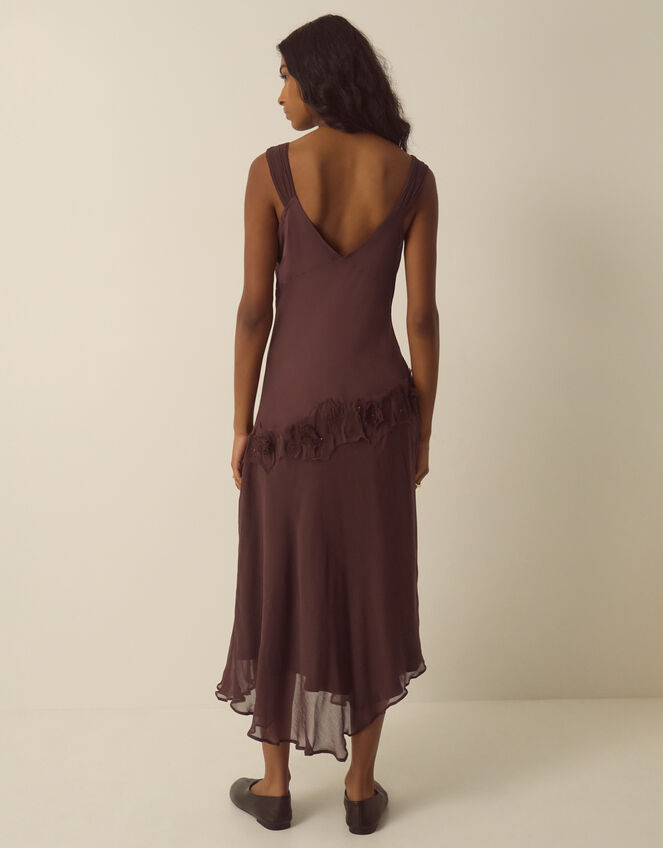 Ruby Sleeveless Asymmetrical Floral Embroidered Midi Dress, Brown (CHOCOLATE), large