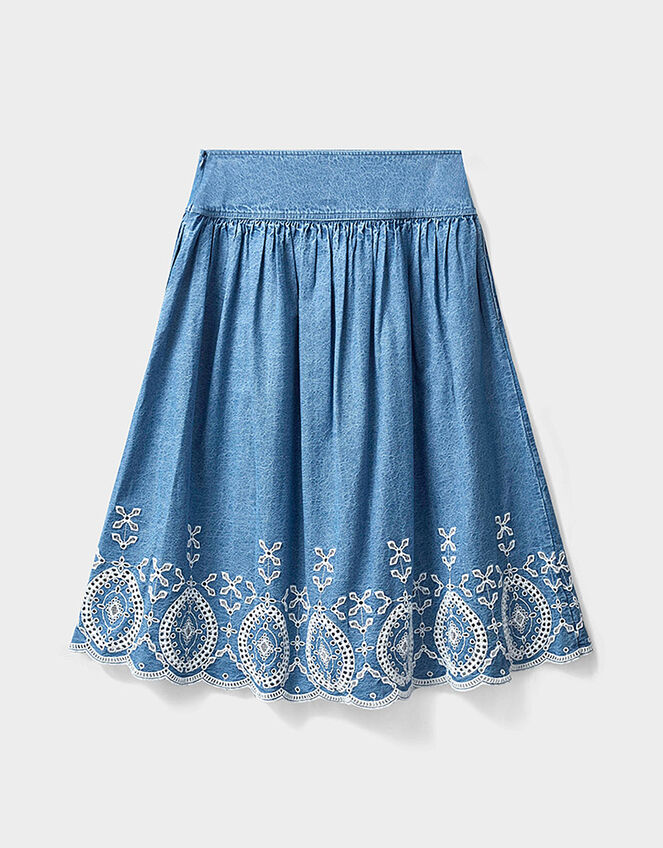 East Coralie Denim Broderie Skirt, Blue (BLUE), large