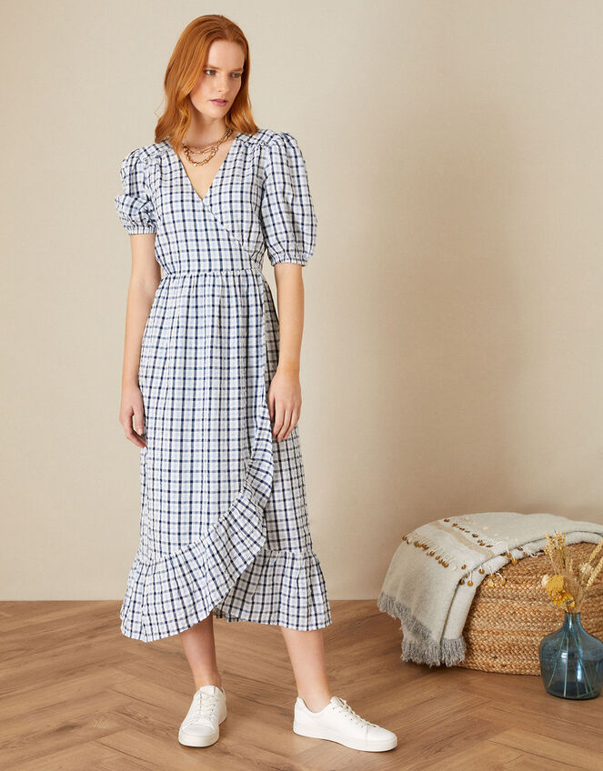 Gingham Wrap Dolly Dress, Blue (BLUE), large