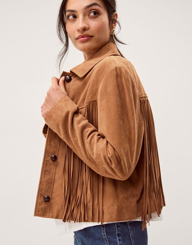 Lily Fringe Suede Jacket, Tan (TAN), large