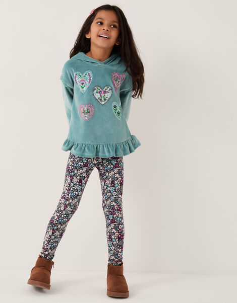 Embellished Velour Hoodie & Floral Leggings Set, Green (GREEN), large