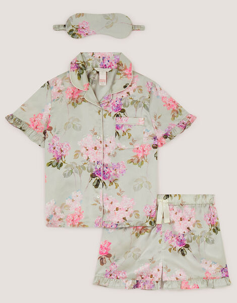 Floral Satin Short Pyjamas & Eye Mask Set, Green (GREEN), large