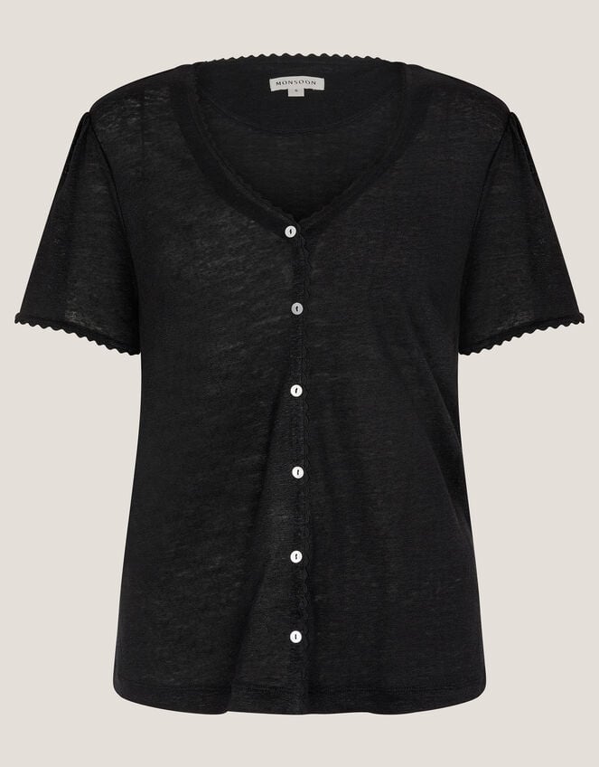 Imogen Button-Front Linen T-Shirt, Black (BLACK), large