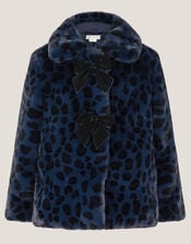 Animal Print Faux Fur Bow Coat, Blue (BLUE), large