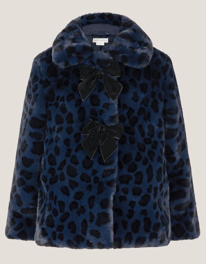 Animal Print Faux Fur Bow Coat, Blue (BLUE), large