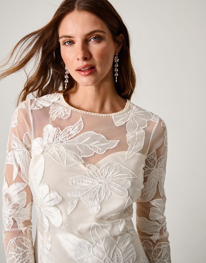 Milena Long Sleeve Floral Embroidered Mesh Wedding Dress, Ivory (IVORY), large