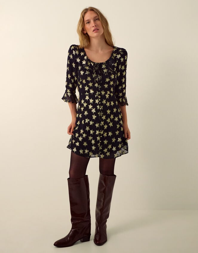 Monsoon x Queens of Archive Farrah Metallic Star Jacquard Mini Dress​, Black (BLACK), large