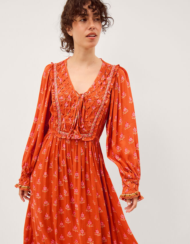 Amaya Floral Print Midi Dress, Orange (ORANGE), large