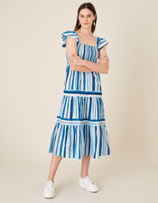 Stripe Tiered Midi Dress, Blue (BLUE), large