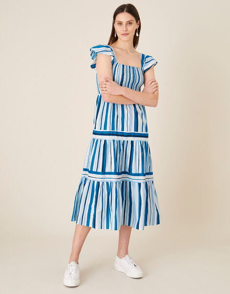 Stripe Tiered Midi Dress Blue, Blue (BLUE), large