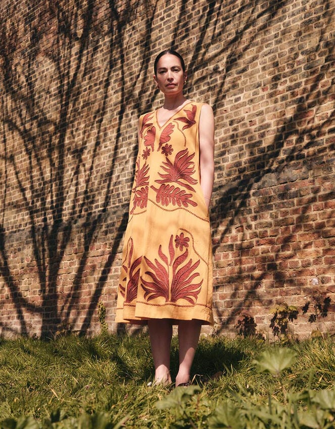 East Mella Appliqu&eacute; Cotton Midi Dress, Orange (ORANGE), large