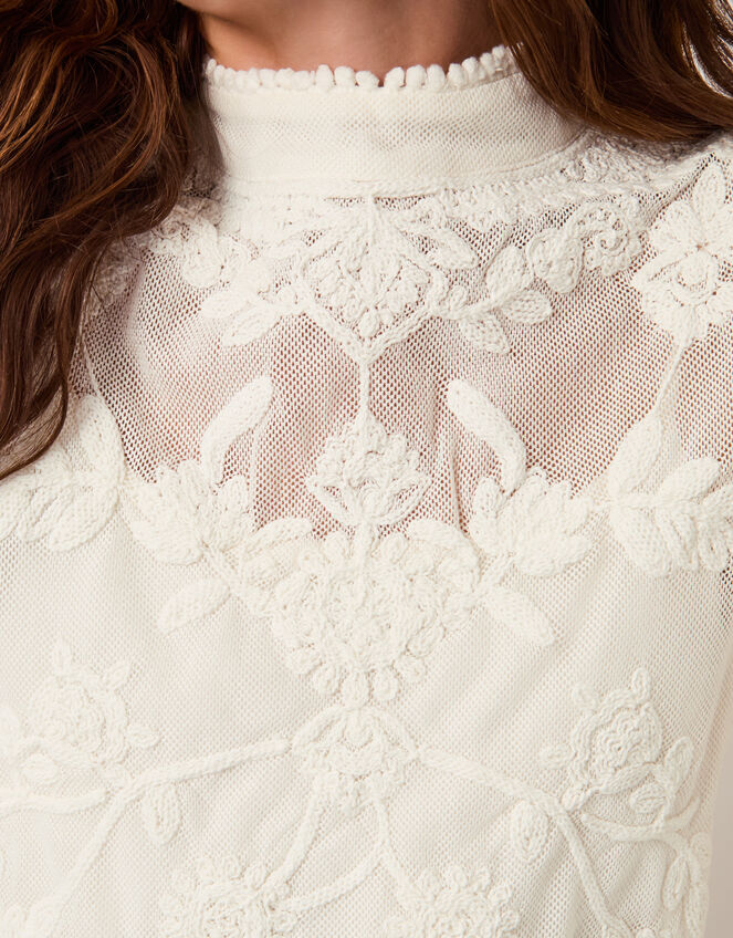 Leni High Neck Embroidered Mesh Blouse, Ivory (IVORY), large